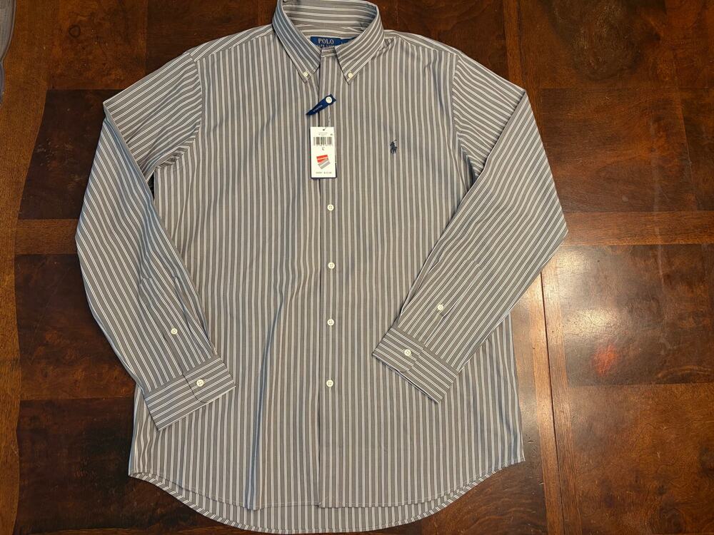 NWT Polo Ralph Lauren Stretch Button Down Shirt L 16.5 Grey White Stripe